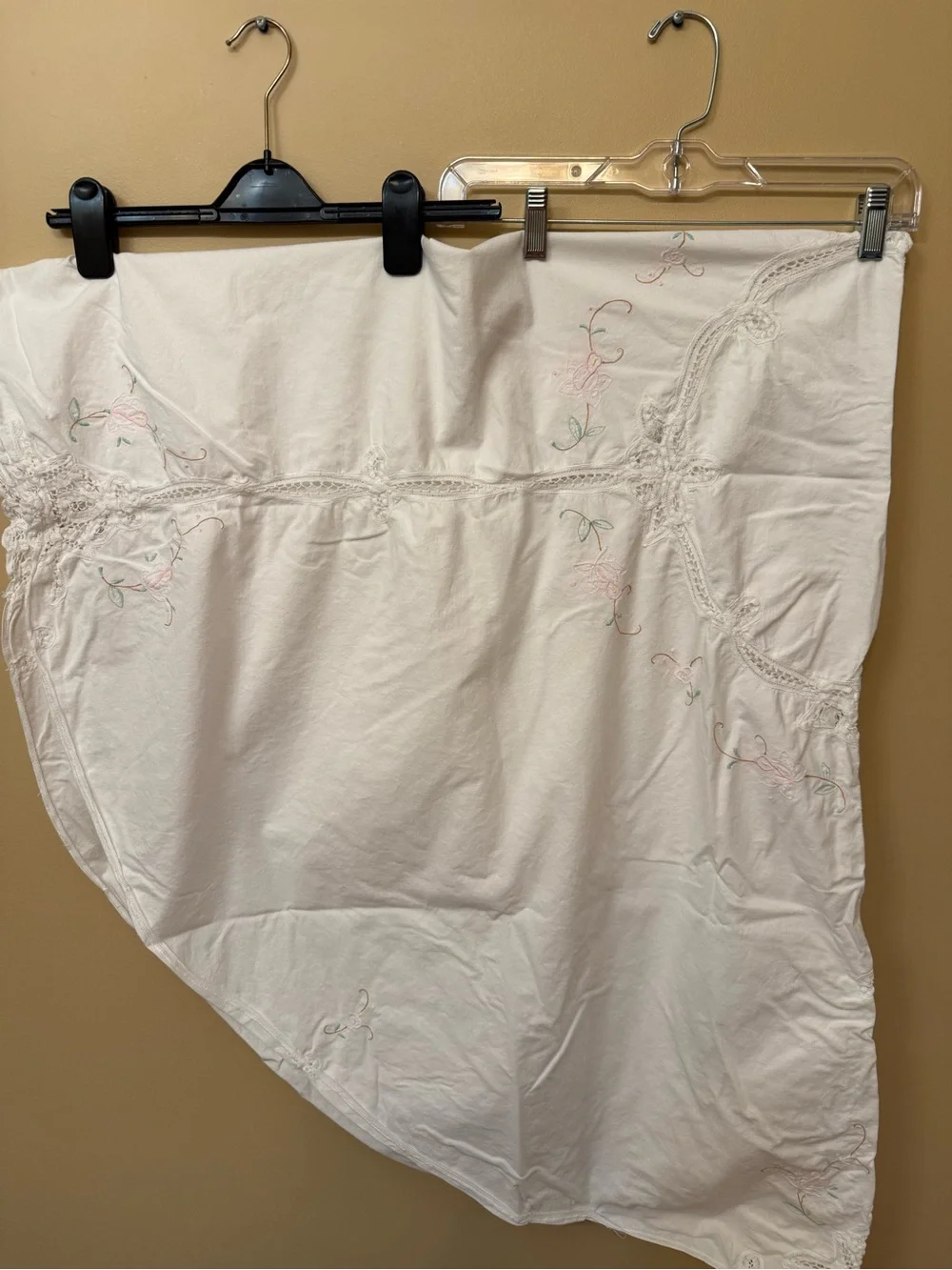 Source Unknown Cream Tablecloth with Pink & Green Embroidery